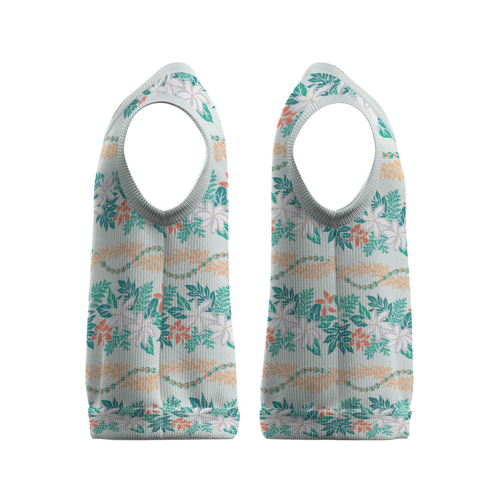 Monstera Tiare Plumeria Lei Pattern Christmas Knitted V-Neck Vest Teal Version