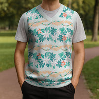Monstera Tiare Plumeria Lei Pattern Christmas Knitted V-Neck Vest Teal Version