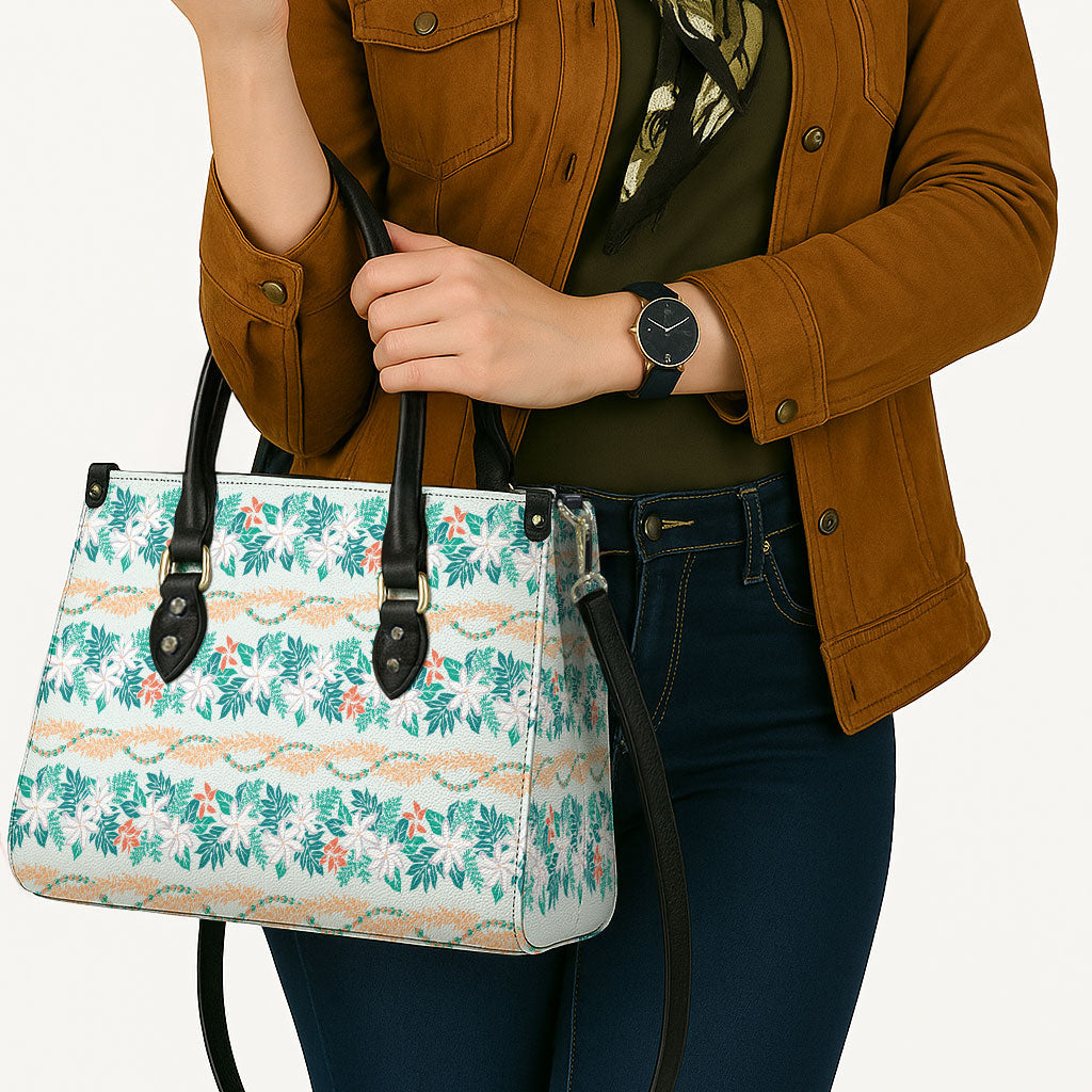 Monstera Tiare Plumeria Lei Pattern Leather Bag Teal Version LT01 - Polynesian Pride