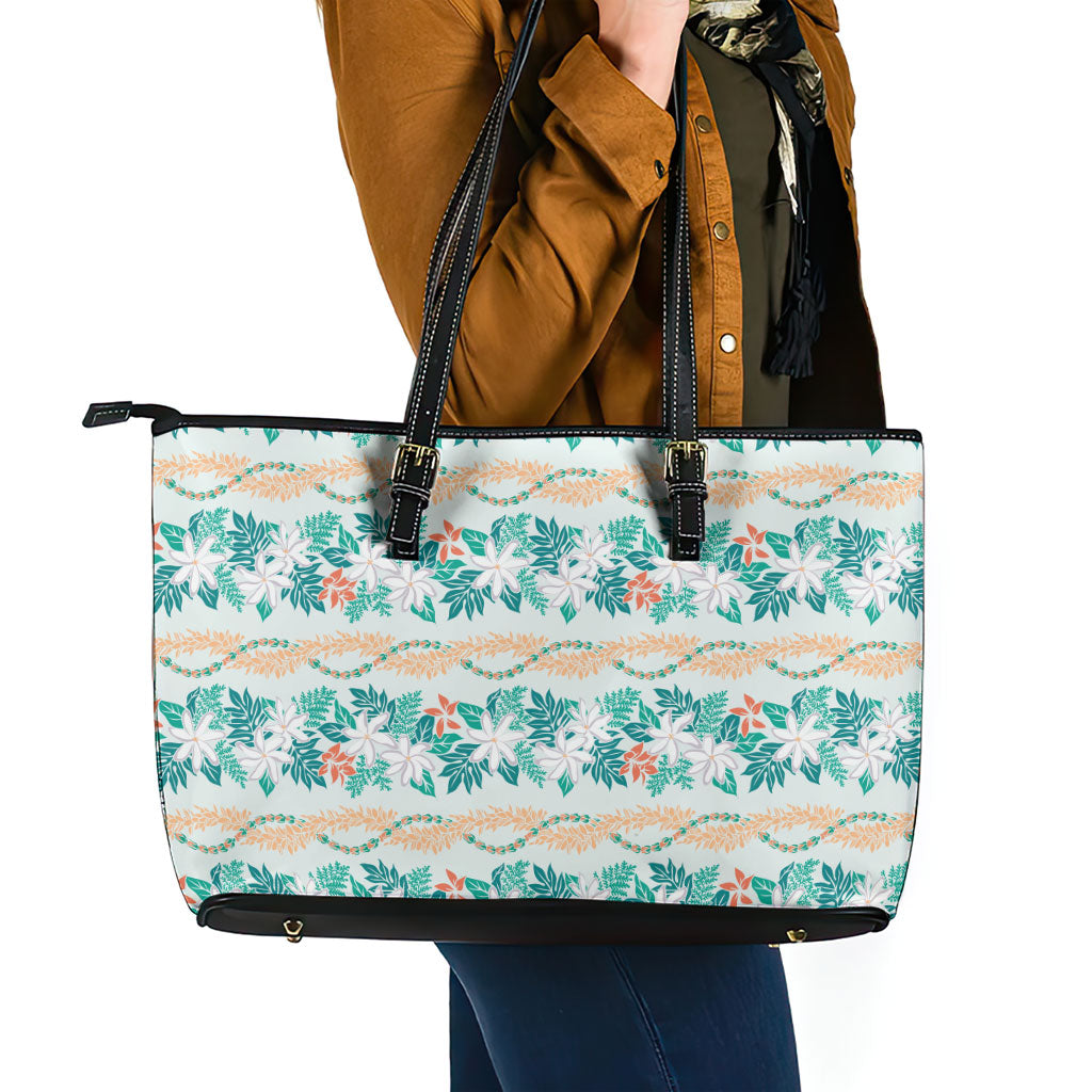 Monstera Tiare Plumeria Lei Pattern Leather Tote Bag Teal Version LT01 - Polynesian Pride