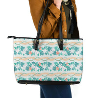 Monstera Tiare Plumeria Lei Pattern Leather Tote Bag Teal Version LT01 - Polynesian Pride