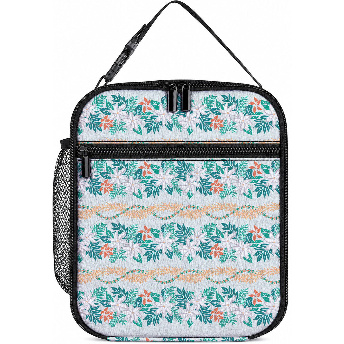 Monstera Tiare Plumeria Lei Pattern Lunch Bag Teal Version LT01 10.2 × 8.3 × 4.3 inch Teal - Polynesian Pride