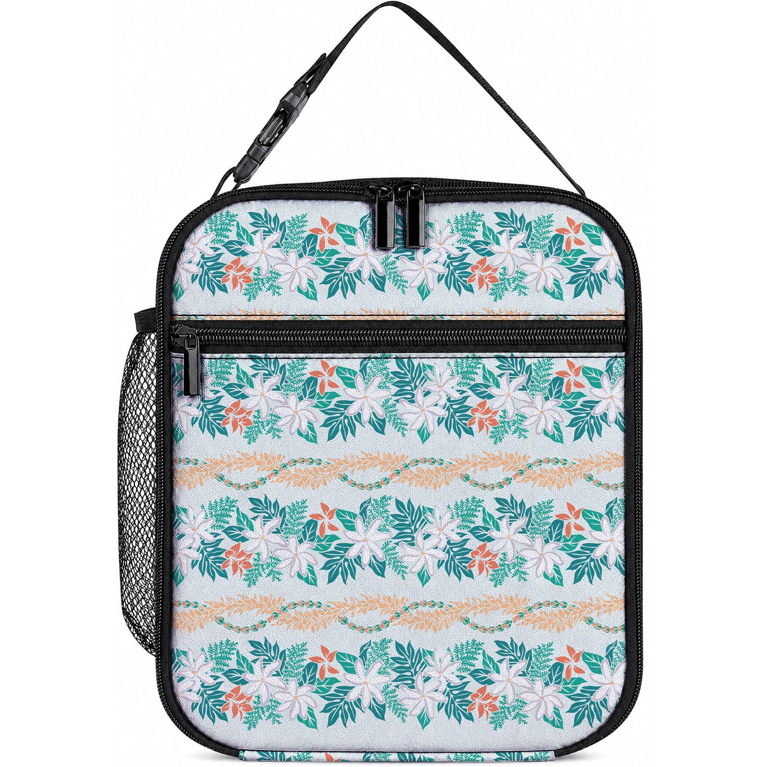 Monstera Tiare Plumeria Lei Pattern Lunch Bag Teal Version LT01 10.2 × 8.3 × 4.3 inch Teal - Polynesian Pride