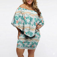 Monstera Tiare Plumeria Lei Pattern Off Shoulder Short Dress Teal Version