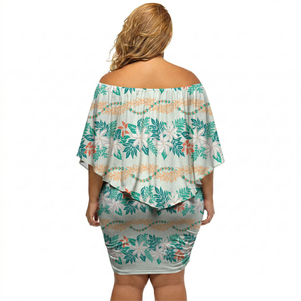 Monstera Tiare Plumeria Lei Pattern Off Shoulder Short Dress Teal Version