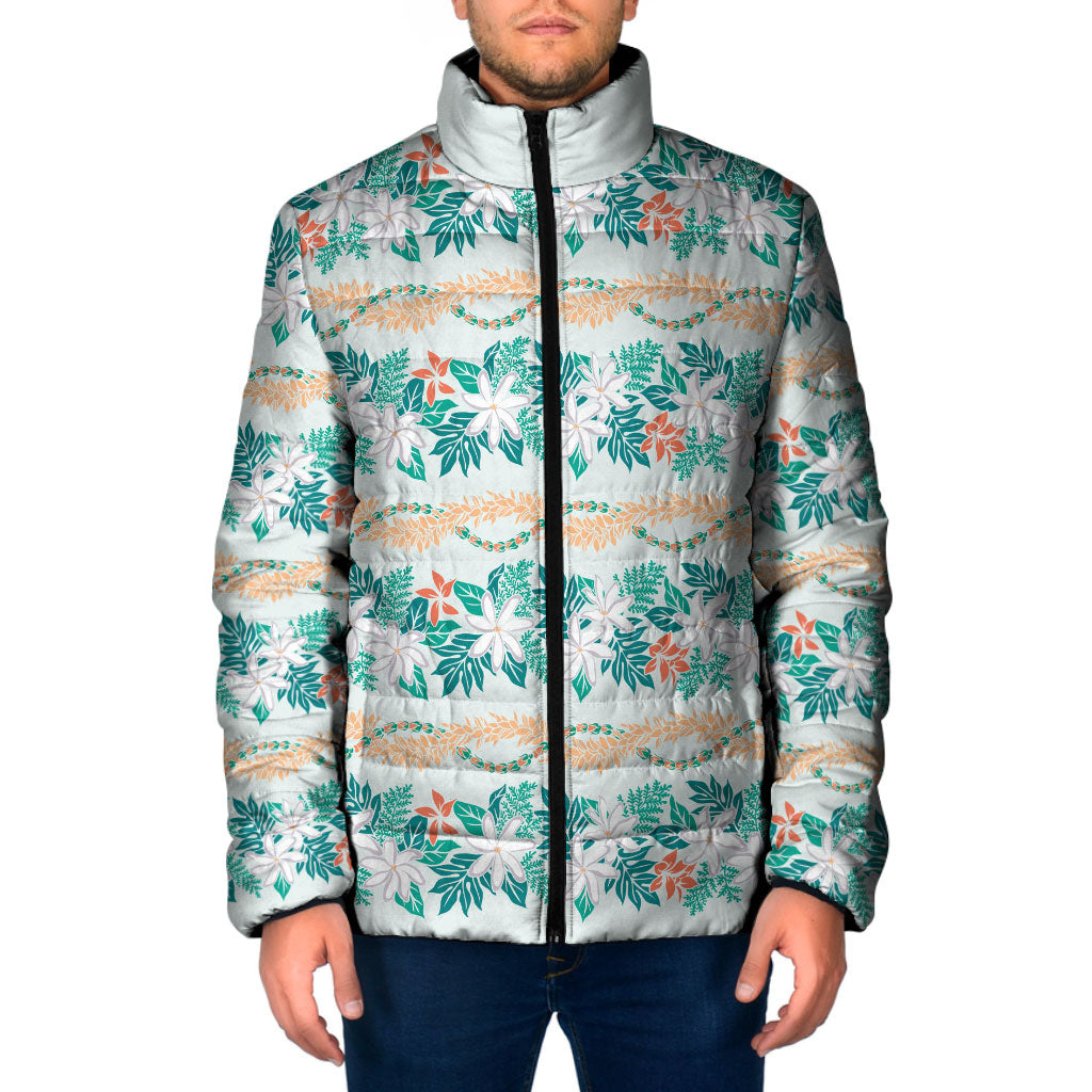 Monstera Tiare Plumeria Lei Pattern Padded Jacket Teal Version