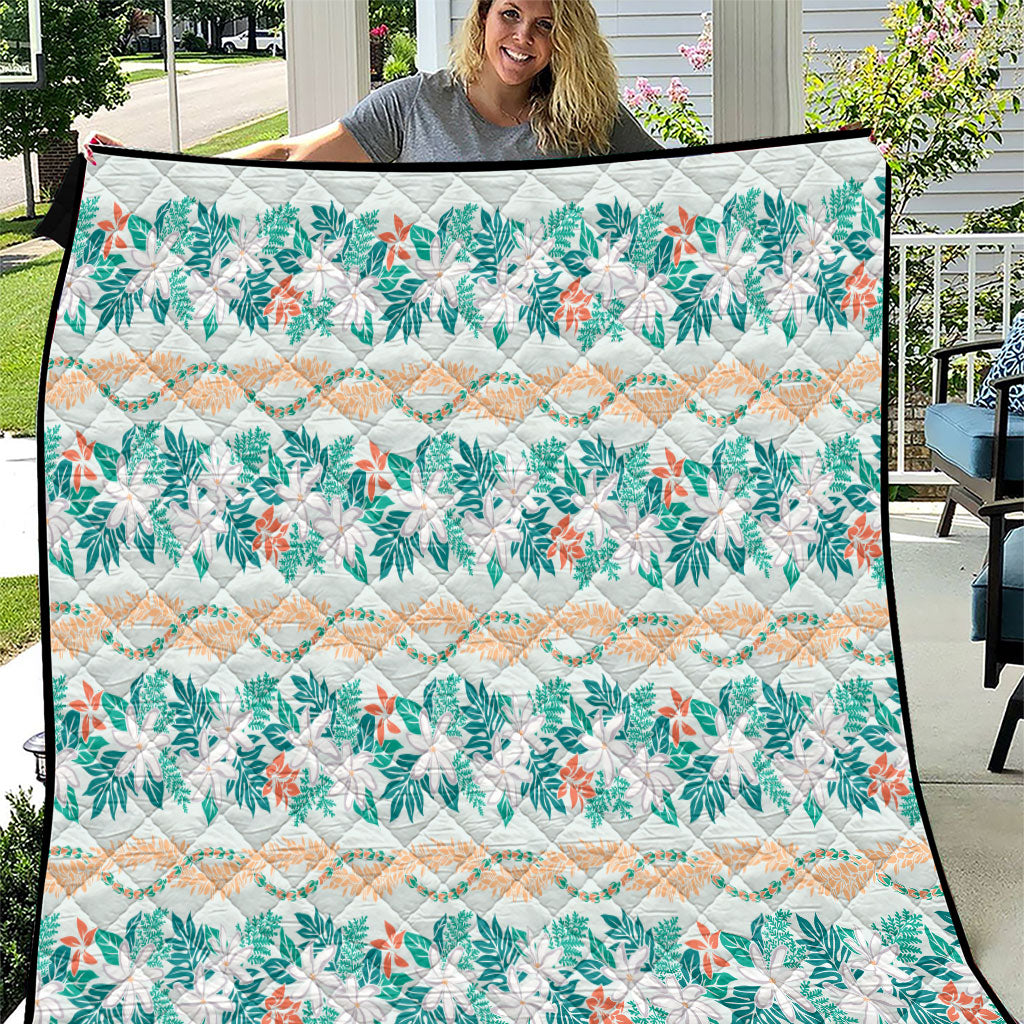 Monstera Tiare Plumeria Lei Pattern Quilt Teal Version LT01 Teal - Polynesian Pride