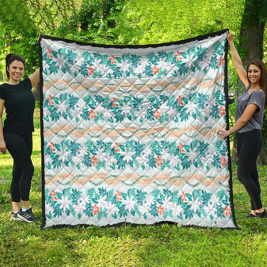 Monstera Tiare Plumeria Lei Pattern Quilt Teal Version LT01 - Polynesian Pride