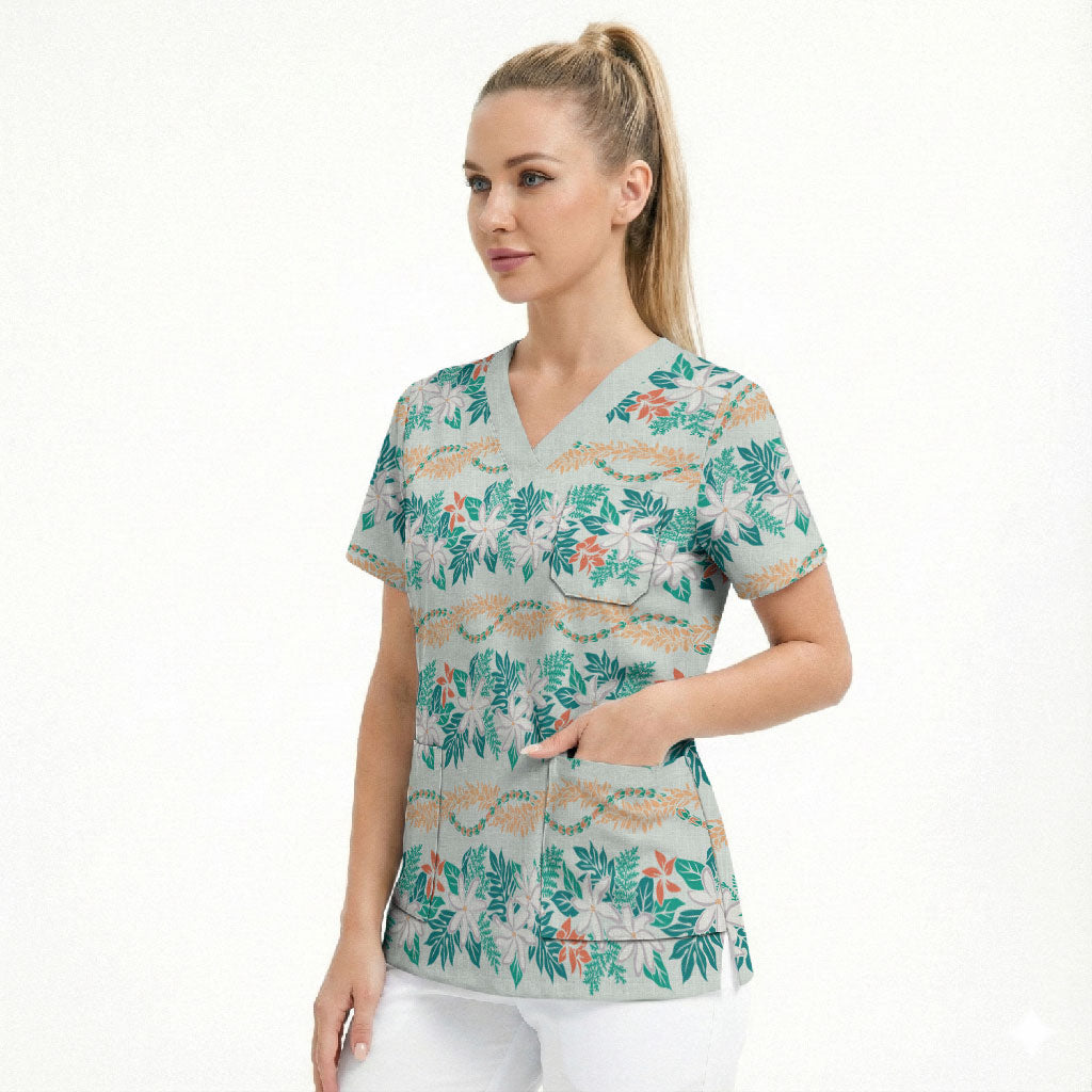 Monstera Tiare Plumeria Lei Pattern Scrub Top Teal Version LT01 - Polynesian Pride