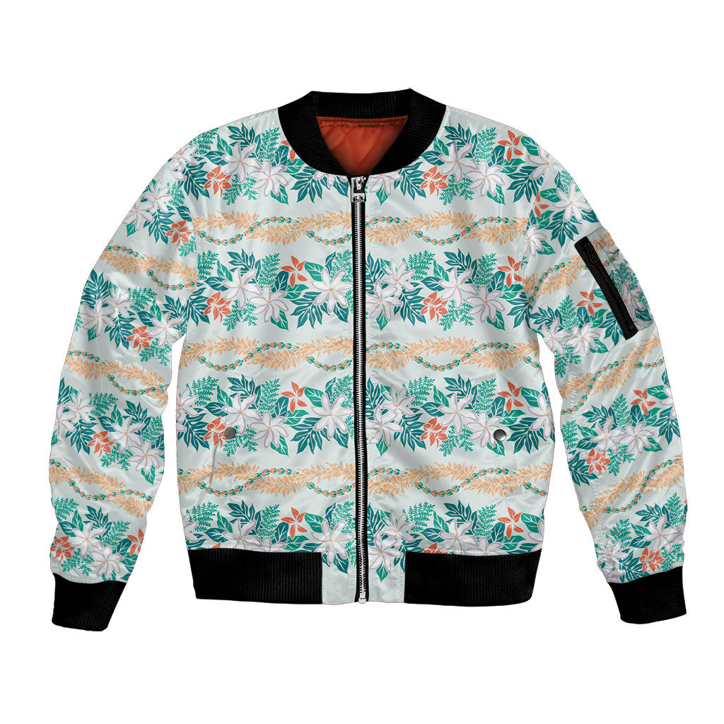 Monstera Tiare Plumeria Lei Pattern Sleeve Zip Bomber Jacket Teal Version LT01 Unisex Teal - Polynesian Pride
