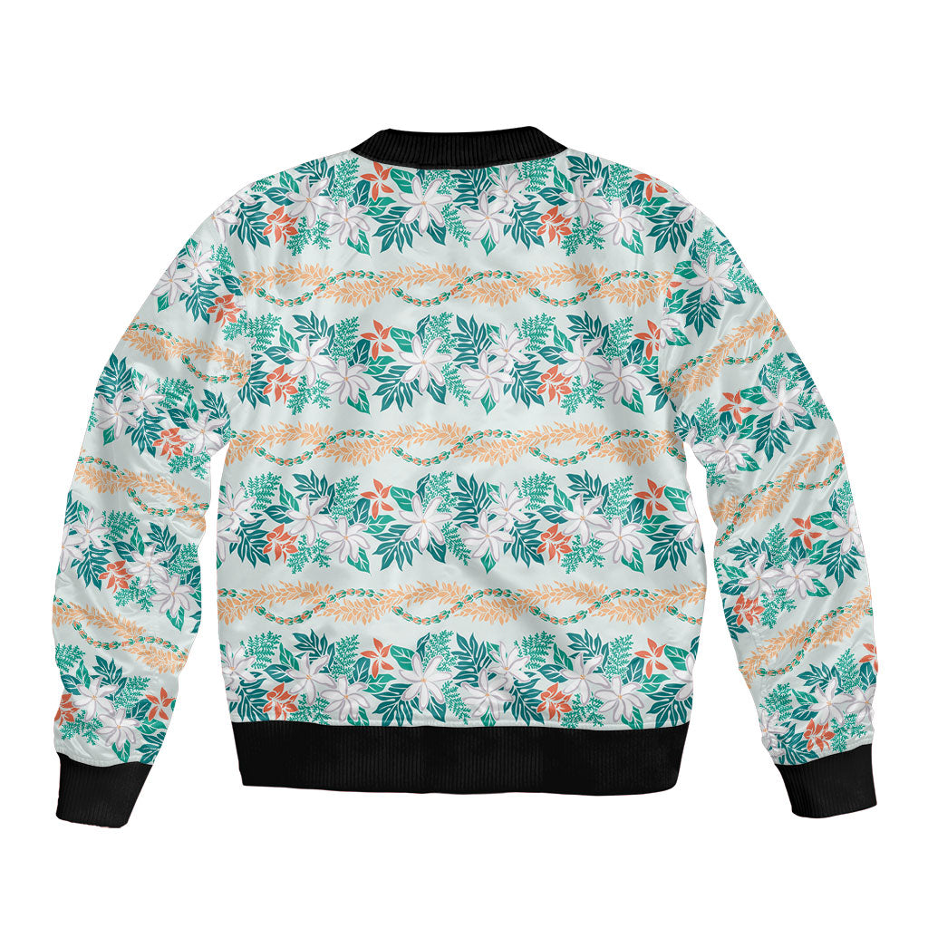 Monstera Tiare Plumeria Lei Pattern Sleeve Zip Bomber Jacket Teal Version LT01 - Polynesian Pride