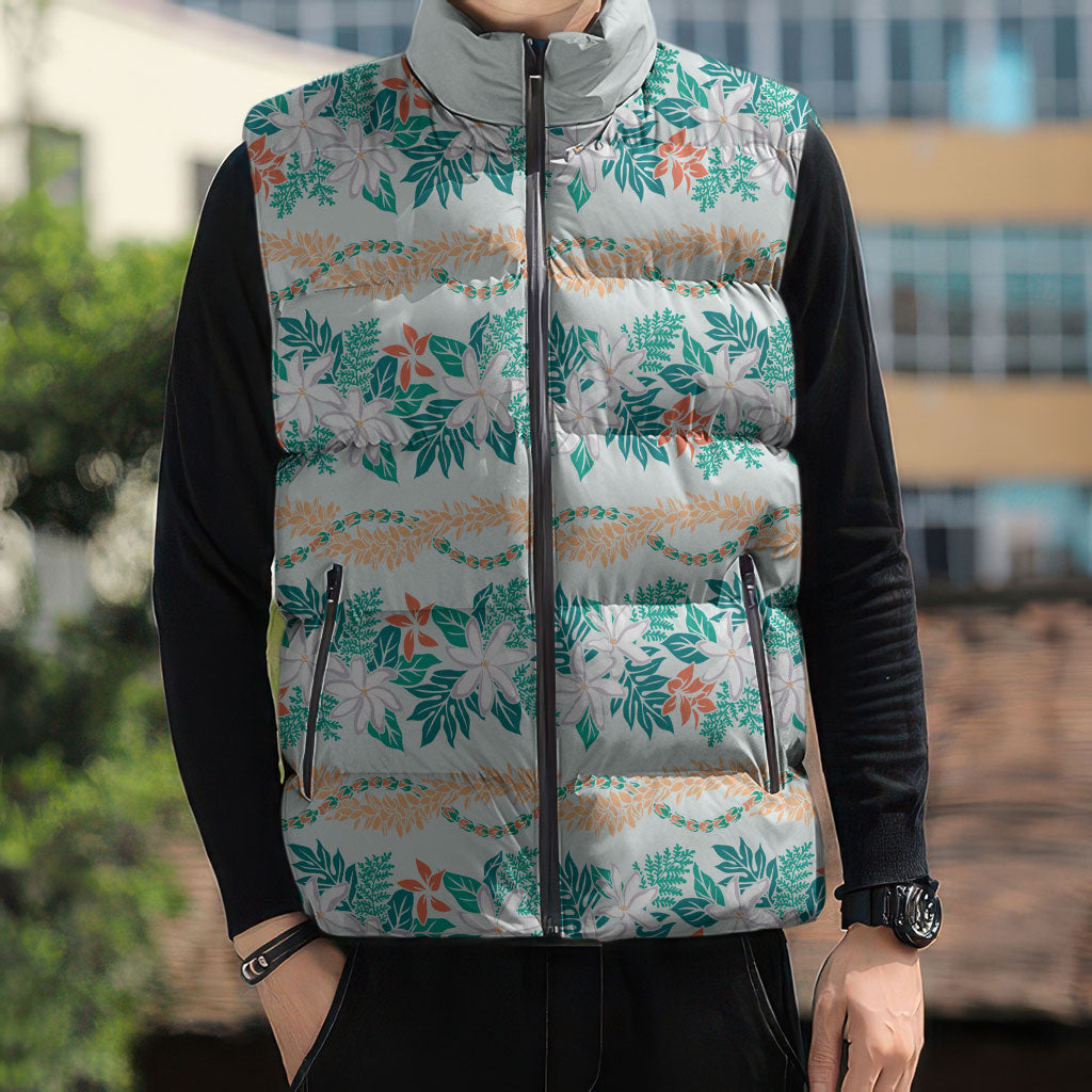 Monstera Tiare Plumeria Lei Pattern Sleeveless Puffer Jacket Teal Version LT01 - Polynesian Pride