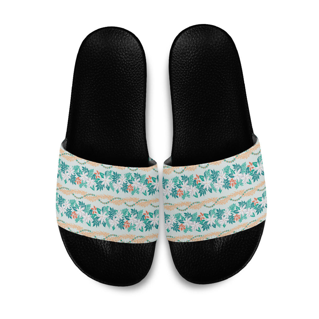 Monstera Tiare Plumeria Lei Pattern Slide Sandals Teal Version LT01 Teal - Polynesian Pride