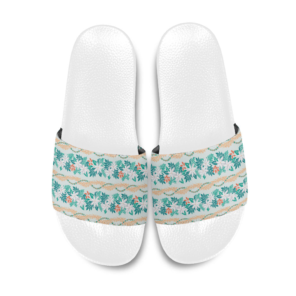 Monstera Tiare Plumeria Lei Pattern Slide Sandals Teal Version LT01 Teal - Polynesian Pride