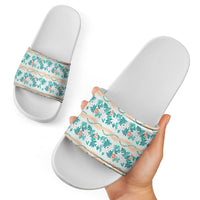 Monstera Tiare Plumeria Lei Pattern Slide Sandals Teal Version LT01 - Polynesian Pride