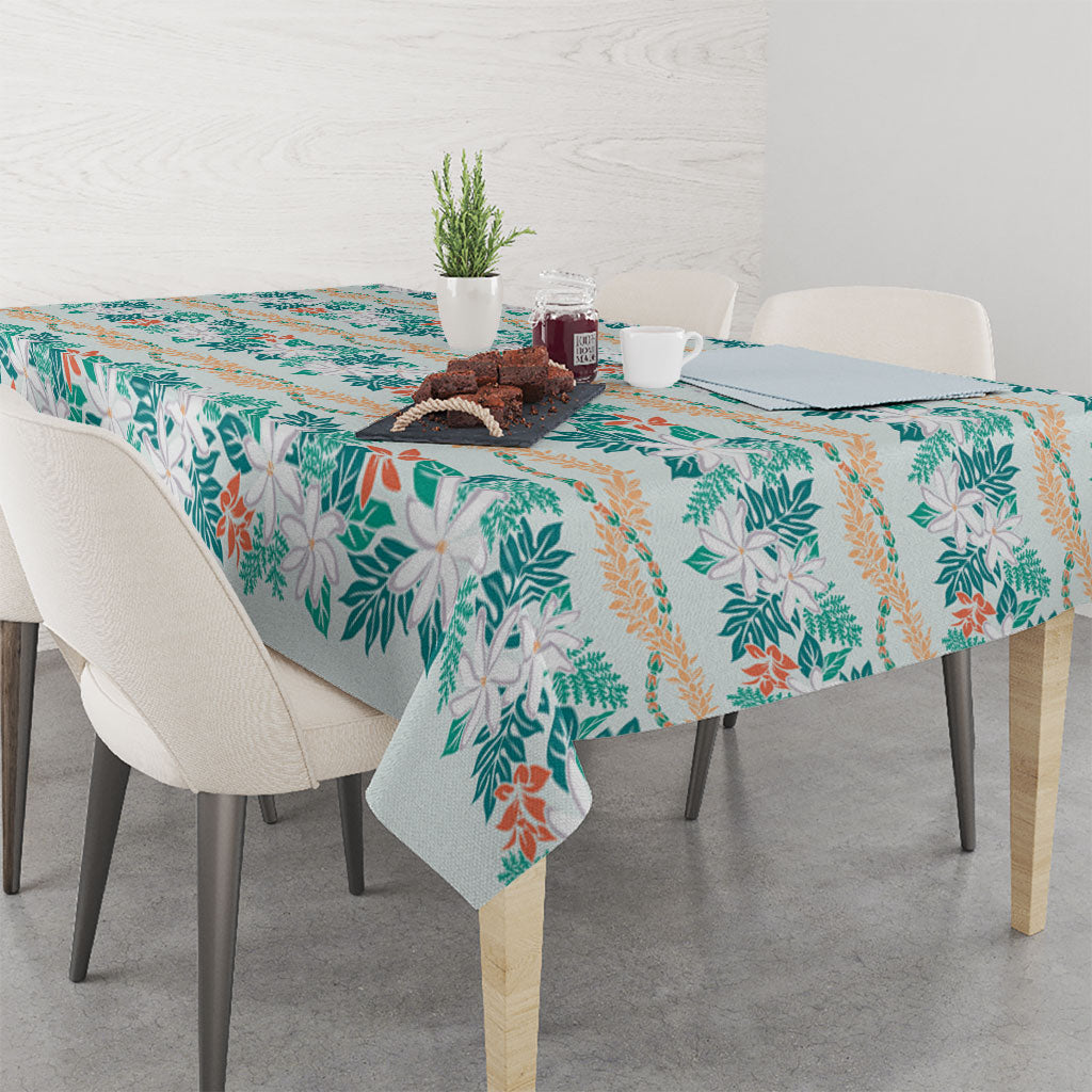 Monstera Tiare Plumeria Lei Pattern Tablecloth Teal Version LT01 - Polynesian Pride
