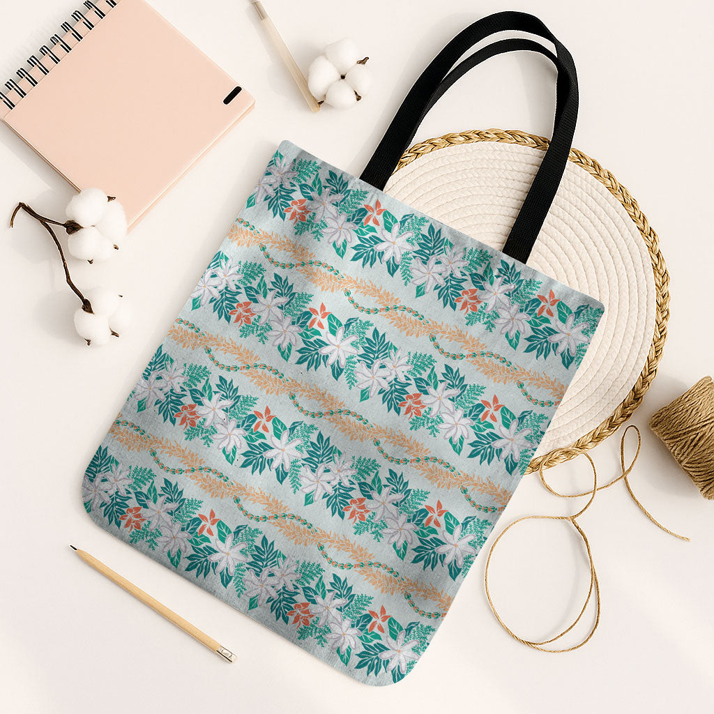 Monstera Tiare Plumeria Lei Pattern Tote Bag Teal Version LT01 Black Strap One Size Teal - Polynesian Pride