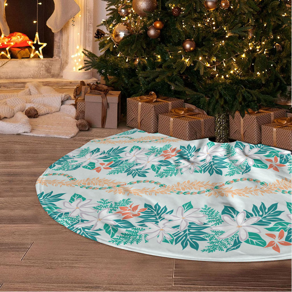 Monstera Tiare Plumeria Lei Pattern Tree Skirt Teal Version LT01 - Polynesian Pride
