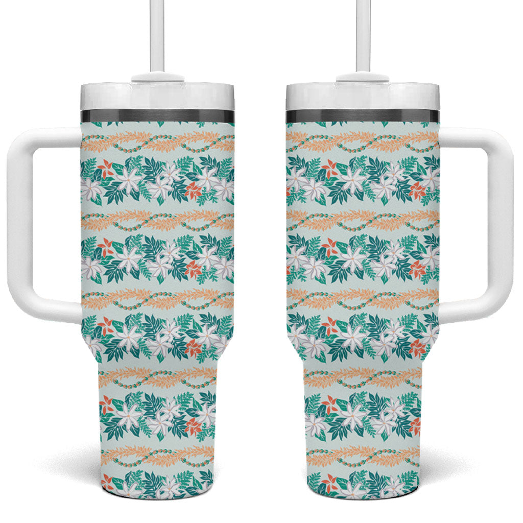Monstera Tiare Plumeria Lei Pattern Tumbler With Handle Teal Version LT01 One Size: 40 oz Teal - Polynesian Pride