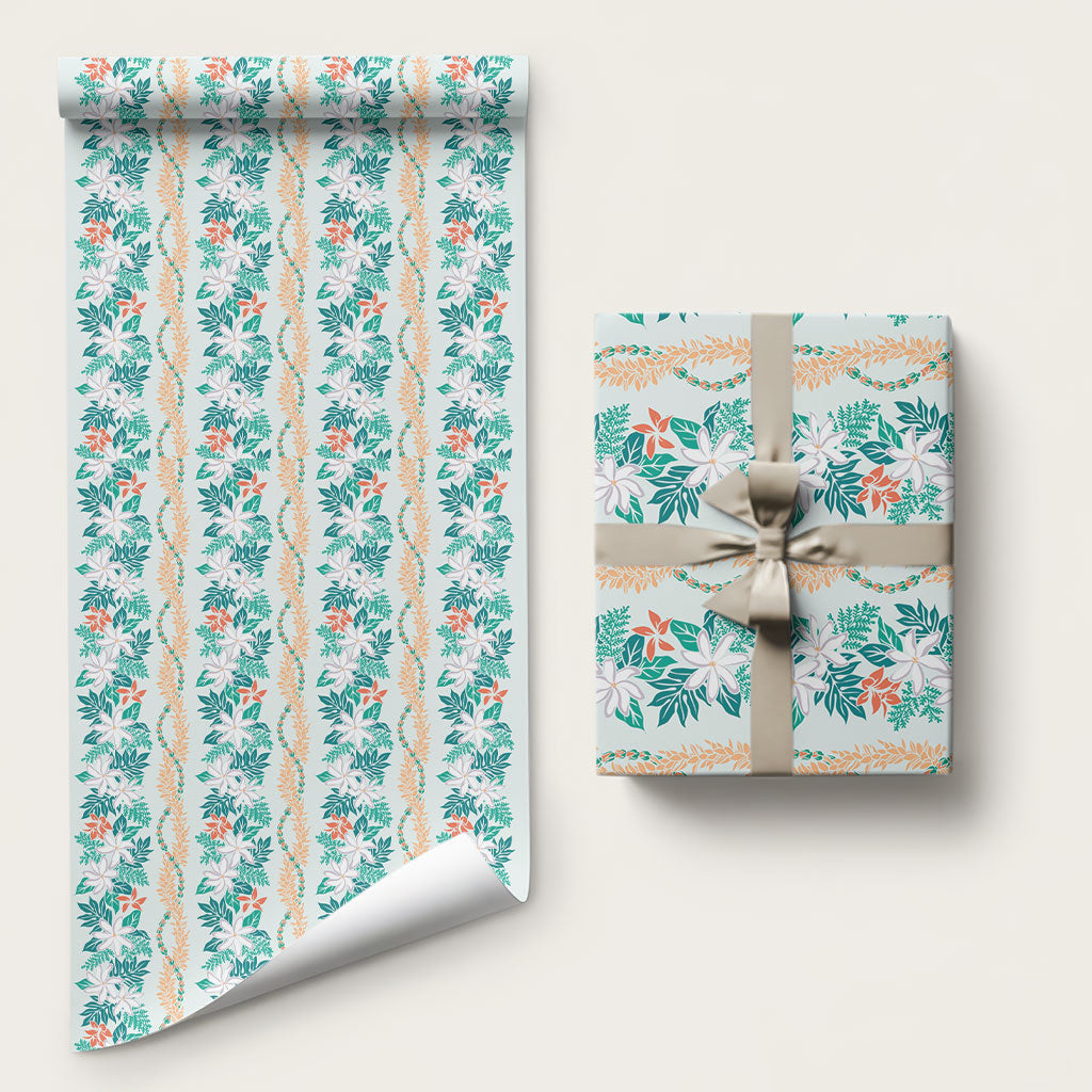 Monstera Tiare Plumeria Lei Pattern Wrapping Paper Teal Version LT01 58" × 23" Teal - Polynesian Pride