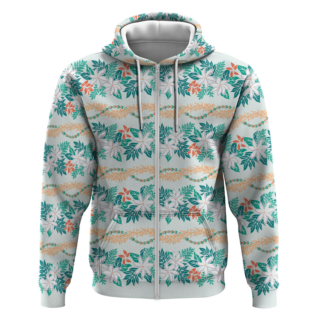 Monstera Tiare Plumeria Lei Pattern Zip Hoodie Teal Version