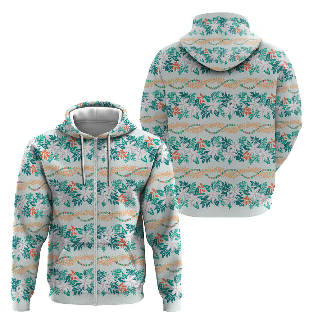 Monstera Tiare Plumeria Lei Pattern Zip Hoodie Teal Version