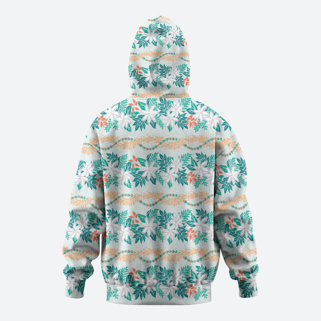 Monstera Tiare Plumeria Lei Pattern Zip Hoodie Teal Version