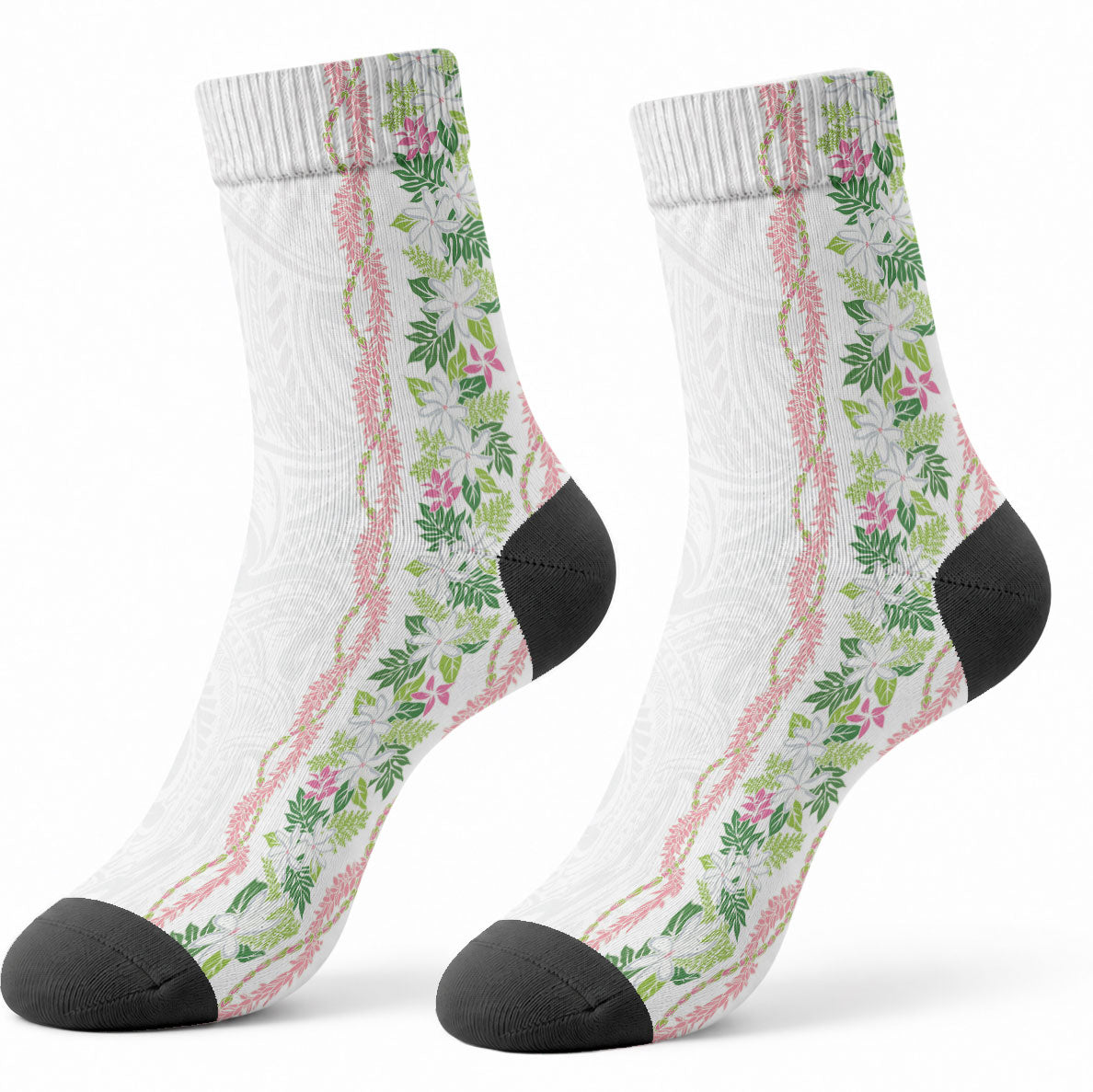 Monstera Tiare Plumeria Crew Socks Green Polynesian Pattern LT01 - Polynesian Pride