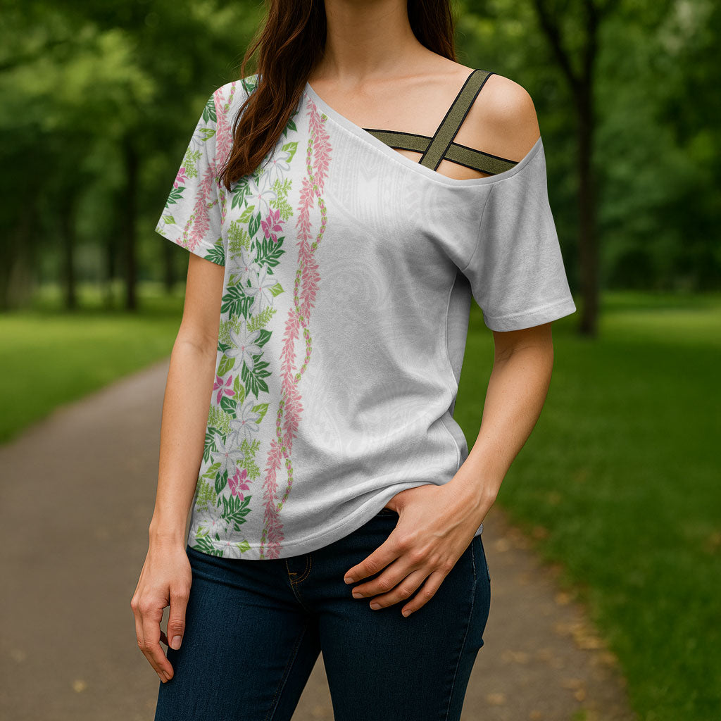 Monstera Tiare Plumeria Cross Shoulder Shirt Green Polynesian Pattern LT01 - Polynesian Pride