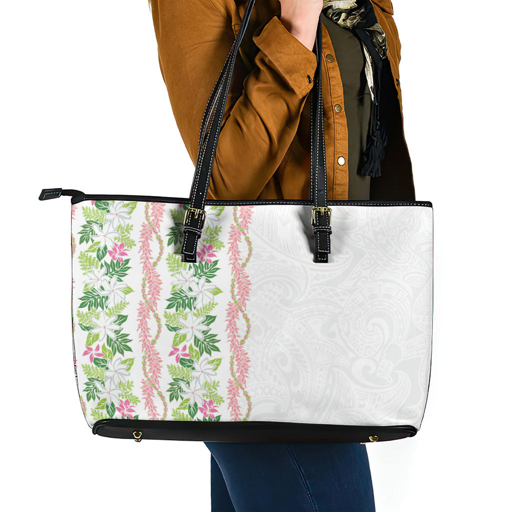 Monstera Tiare Plumeria Leather Tote Bag Green Polynesian Pattern LT01 - Polynesian Pride