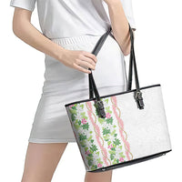 Monstera Tiare Plumeria Leather Tote Bag Green Polynesian Pattern LT01 - Polynesian Pride