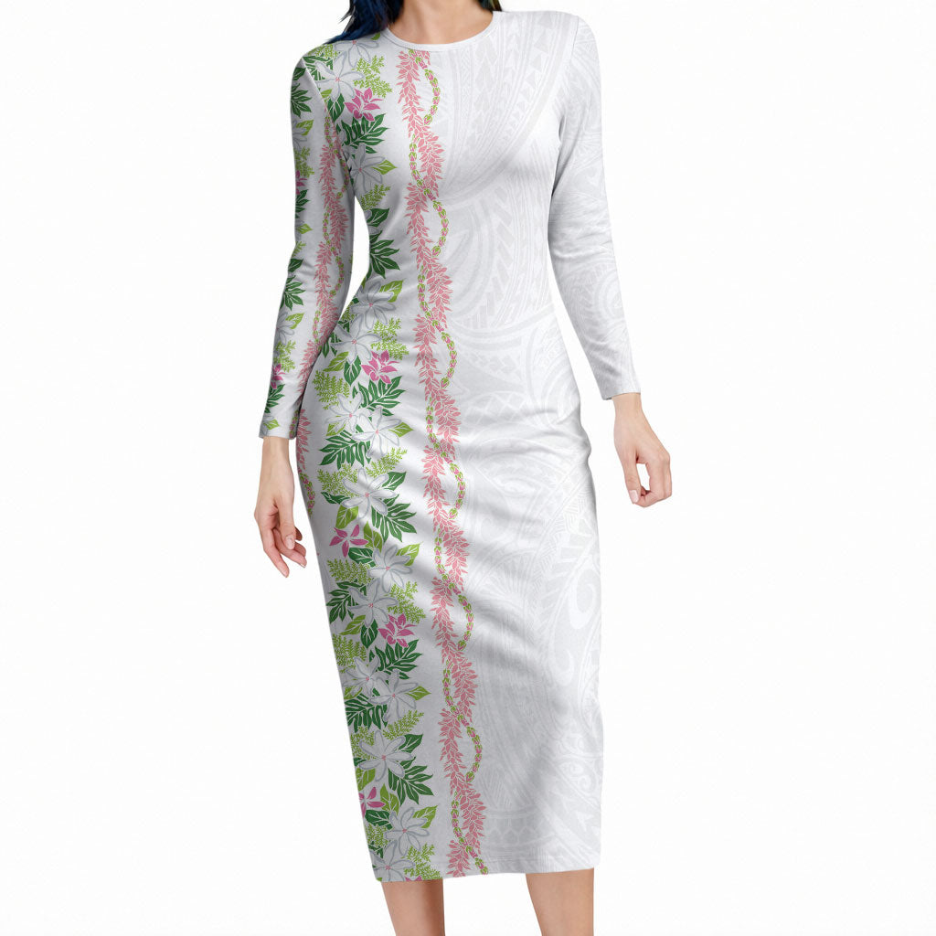 Monstera Tiare Plumeria Long Sleeve Bodycon Dress Green Polynesian Pattern LT01 Long Dress Green - Polynesian Pride