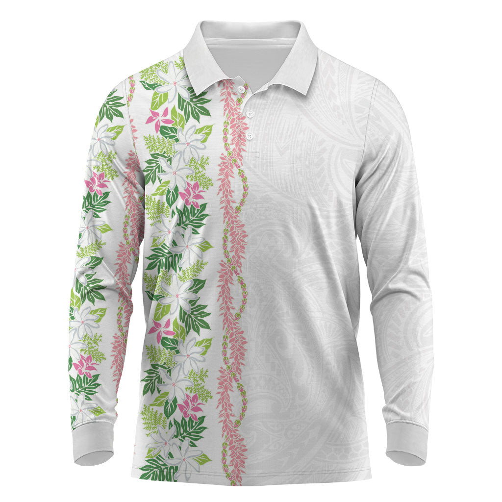 Monstera Tiare Plumeria Long Sleeve Polo Shirt Green Polynesian Pattern LT01 Green - Polynesian Pride