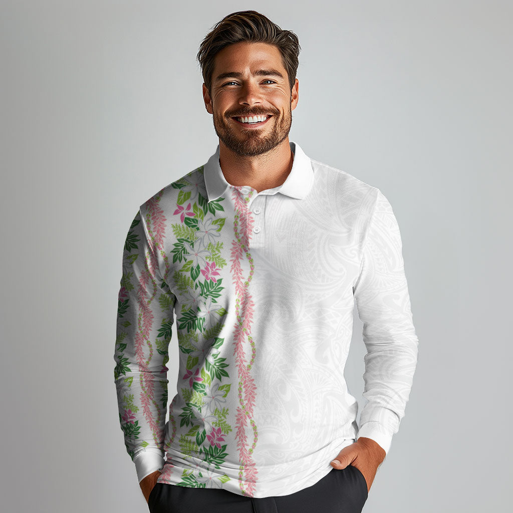 Monstera Tiare Plumeria Long Sleeve Polo Shirt Green Polynesian Pattern LT01 - Polynesian Pride