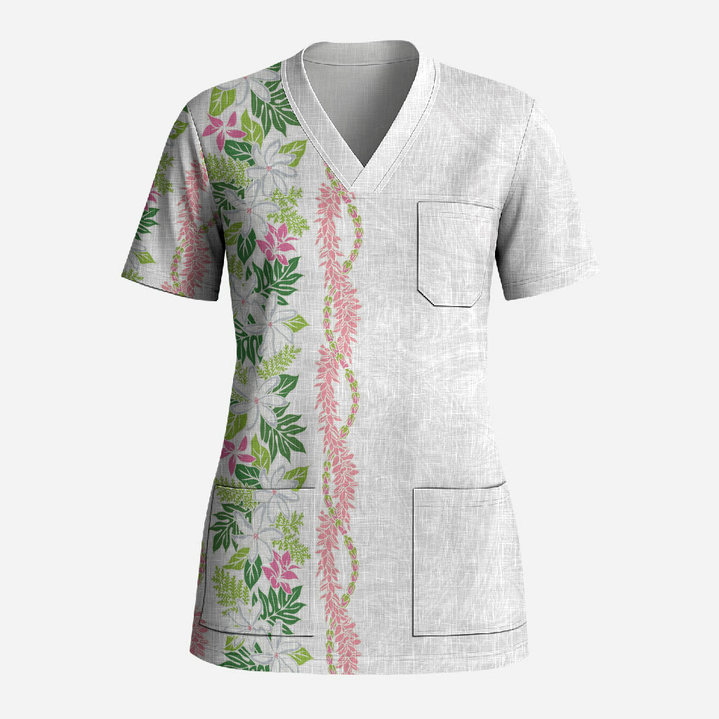 Monstera Tiare Plumeria Scrub Top Green Polynesian Pattern LT01 Adult Green - Polynesian Pride