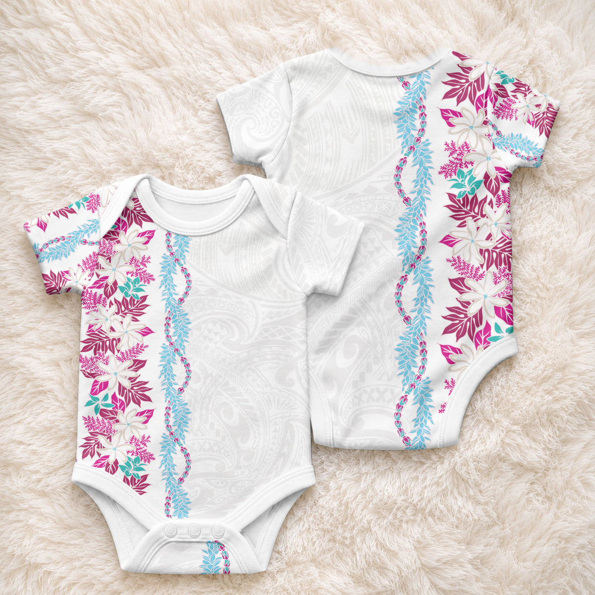 Monstera Tiare Plumeria Baby Onesie Pink Polynesian Pattern