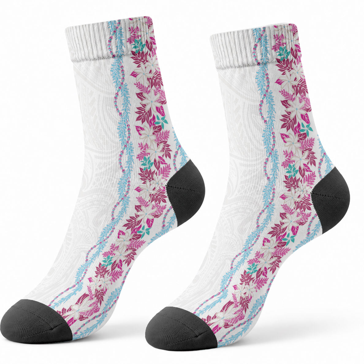 Monstera Tiare Plumeria Crew Socks Pink Polynesian Pattern LT01 - Polynesian Pride