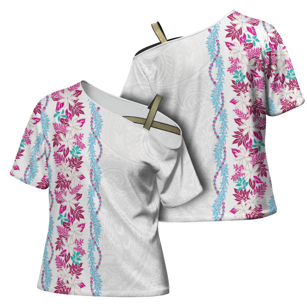 Monstera Tiare Plumeria Cross Shoulder Shirt Pink Polynesian Pattern LT01 - Polynesian Pride