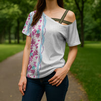 Monstera Tiare Plumeria Cross Shoulder Shirt Pink Polynesian Pattern LT01 - Polynesian Pride