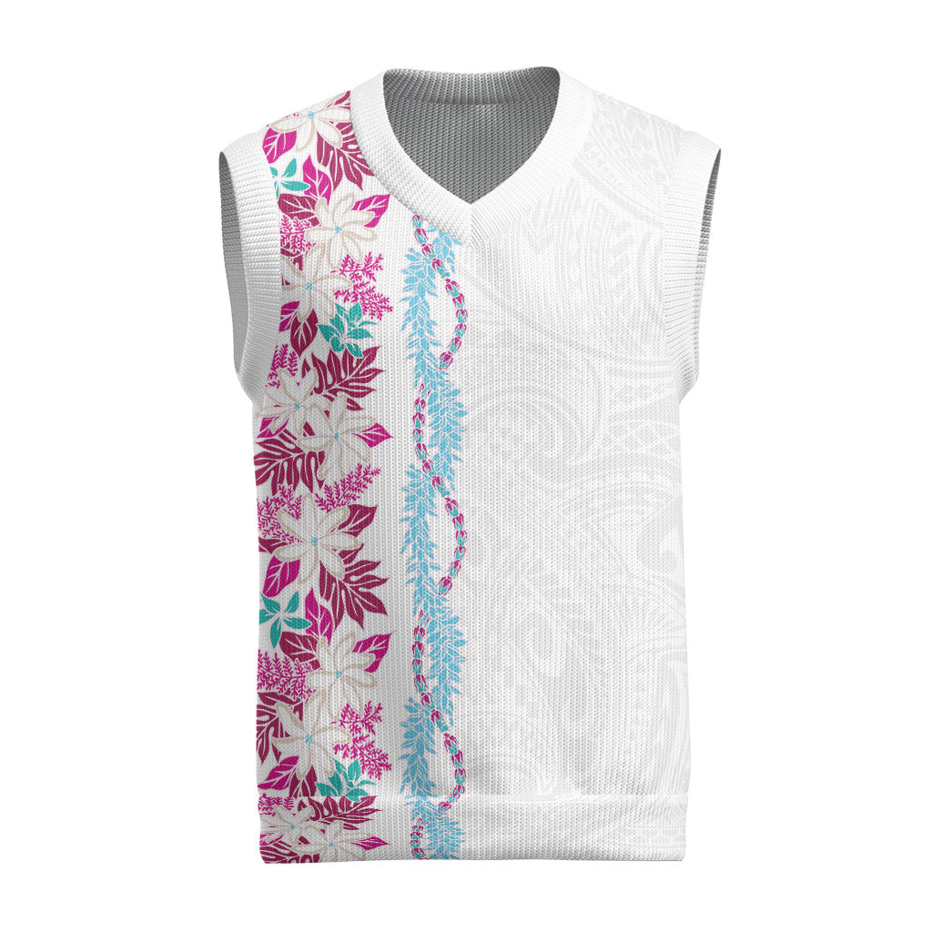 Monstera Tiare Plumeria Christmas Knitted V-Neck Vest Pink Polynesian Pattern