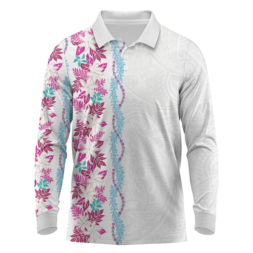Monstera Tiare Plumeria Long Sleeve Polo Shirt Pink Polynesian Pattern LT01 Pink - Polynesian Pride