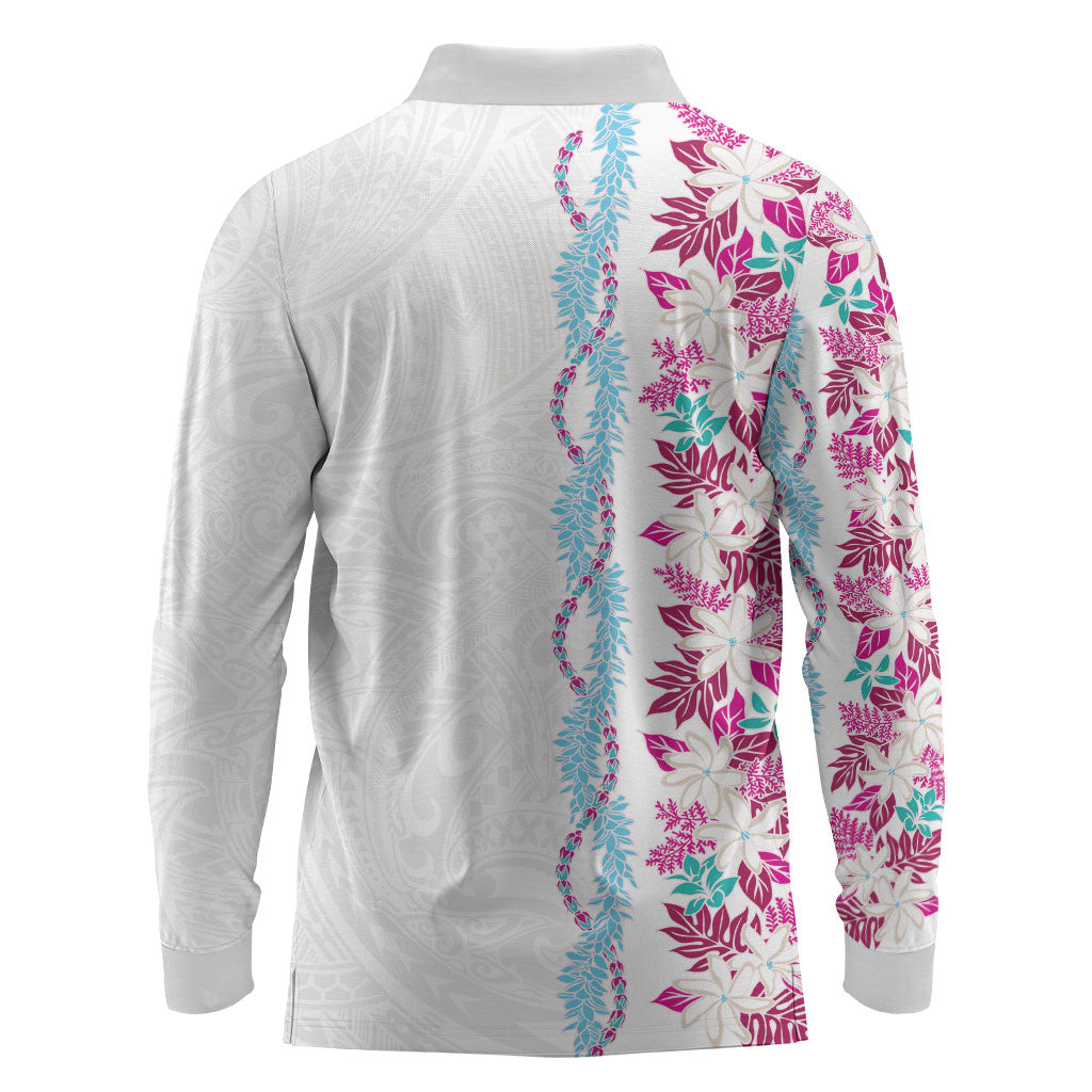 Monstera Tiare Plumeria Long Sleeve Polo Shirt Pink Polynesian Pattern LT01 - Polynesian Pride