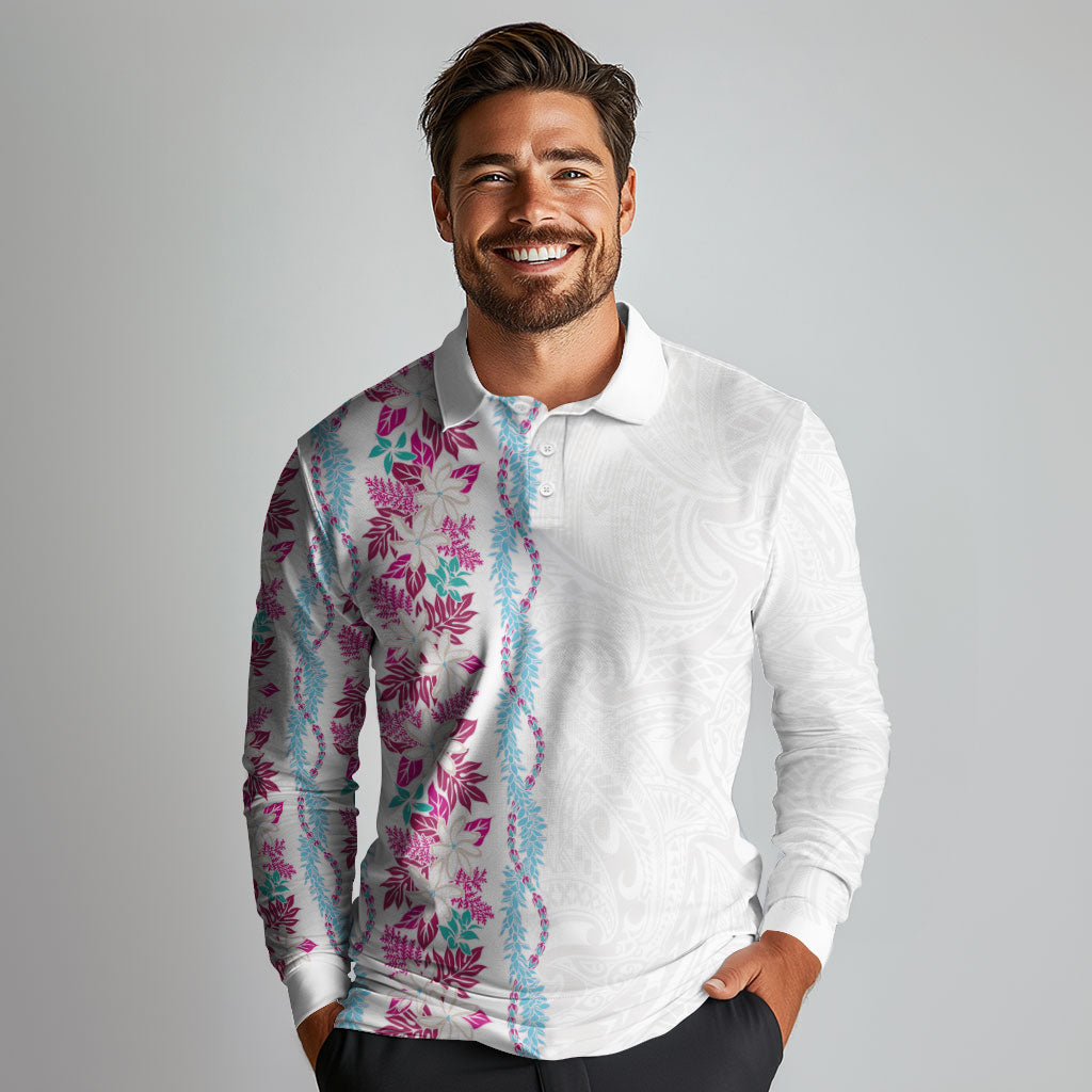Monstera Tiare Plumeria Long Sleeve Polo Shirt Pink Polynesian Pattern LT01 - Polynesian Pride