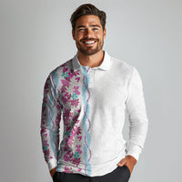 Monstera Tiare Plumeria Long Sleeve Polo Shirt Pink Polynesian Pattern LT01 - Polynesian Pride