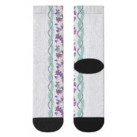 Monstera Tiare Plumeria Crew Socks Purple Polynesian Pattern LT01 - Polynesian Pride