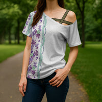 Monstera Tiare Plumeria Cross Shoulder Shirt Purple Polynesian Pattern LT01 - Polynesian Pride