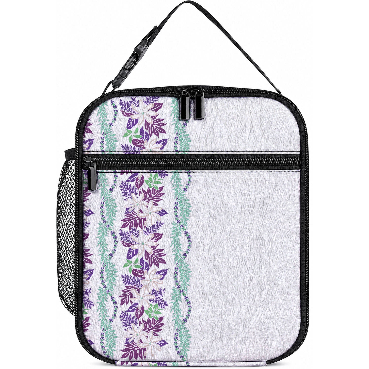 Monstera Tiare Plumeria Lunch Bag Purple Polynesian Pattern
