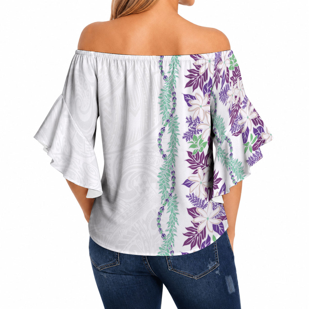 Monstera Tiare Plumeria Off Shoulder Wrap Waist Top Purple Polynesian Pattern LT01 - Polynesian Pride