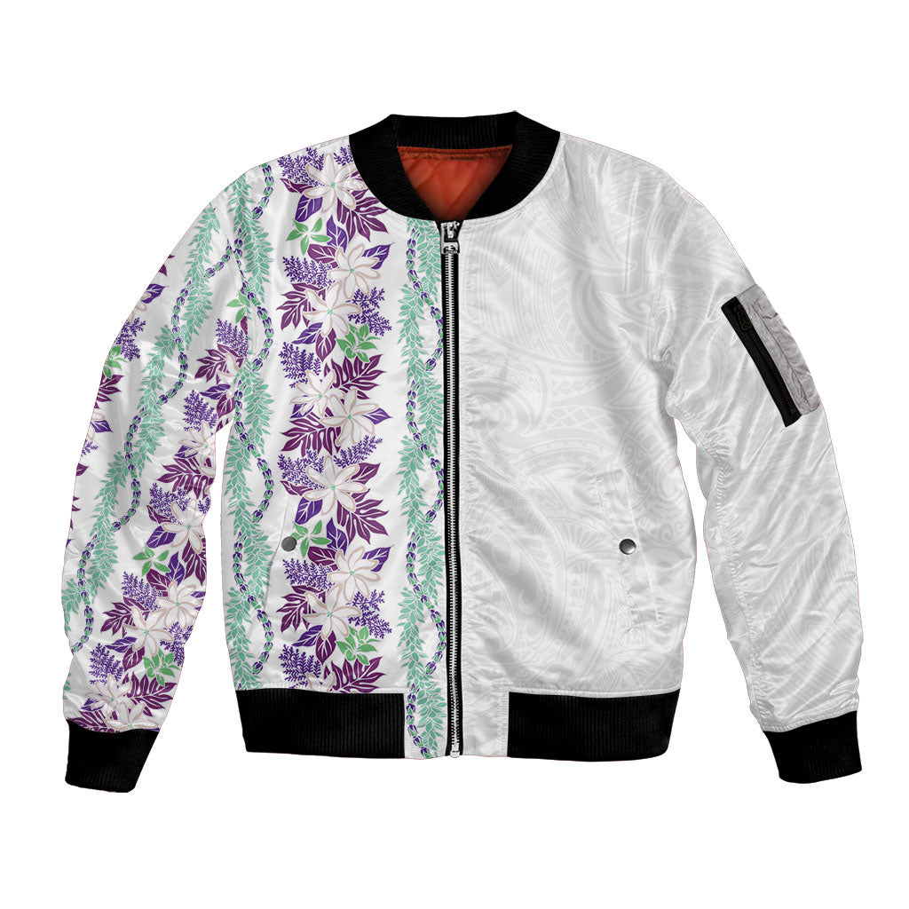 Monstera Tiare Plumeria Sleeve Zip Bomber Jacket Purple Polynesian Pattern LT01 Unisex Purple - Polynesian Pride
