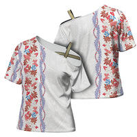 Monstera Tiare Plumeria Cross Shoulder Shirt Red Polynesian Pattern LT01 - Polynesian Pride